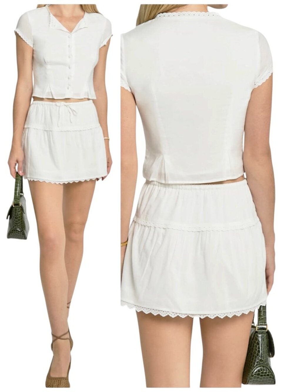 Kourt Stevie White Lace Trim Mini Skirt Drawstring Size 8 NWOT